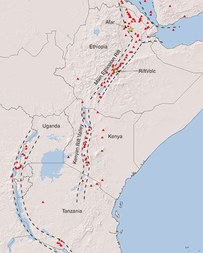 Map of the East African Rift running from the Afar Triple Junction, along the Main Ethiopian Rift